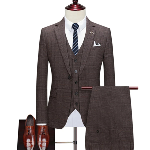 Elegant Men's 3-Piece Suit Set: Stylish Plaid Blazer, Waistcoat, and Tailored Trousers for Interviews and Formal Events